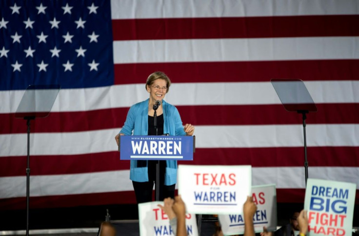 Presidential hopeful Massachusetts Senator Elizabeth Warren speaks during a townhall at Discovery Green in Houston, Texas