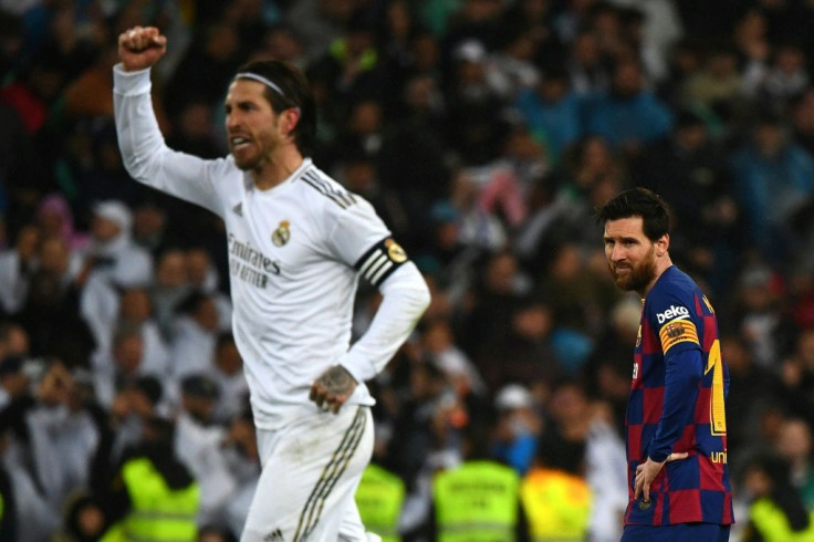 Sergio Ramos celebrates as Real Madrid beat Barcelona 2-0 on Sunday to go back to the top of La Liga