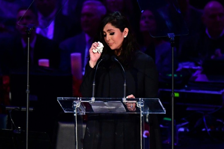 Kobe Bryant's wife Vanessa Bryant wipes away tears as she speaks during the "Celebration of Life for Kobe and Gianna Bryant" at Staples Center. Kobe and Gianna Bryant were among nine people killed in a helicopter crash on January 26