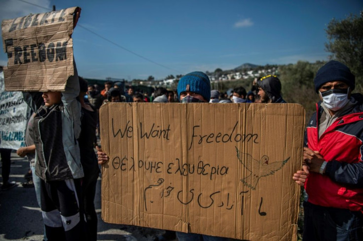 Migrant protesters on Lesbos island Tuesday