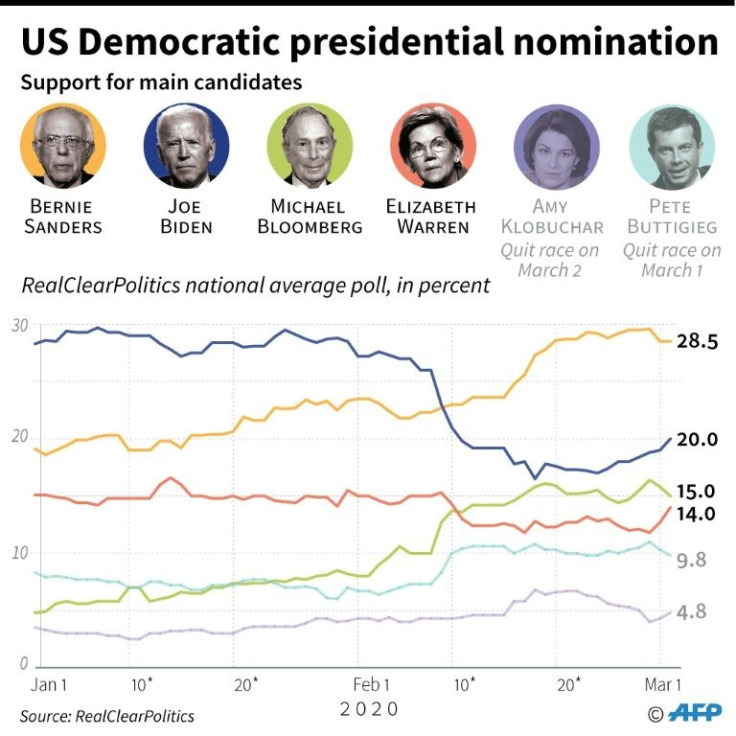 Support for the main candidates in the US Democratic presidential nomination race