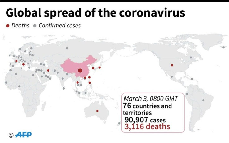 Countries and territories with confirmed cases of new coronavirus and deaths as of March 3, 0800 GMT.