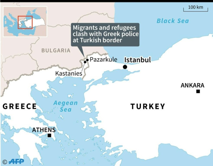 Map locating clashes between migrants, refugees and Greek police at the Turkish border, Pazarkule in Turkey and Kastanies on the Greek side of the border.