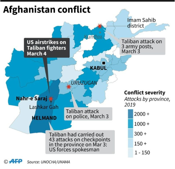 Map showing Taliban attacks on Tuesday and a US air strike