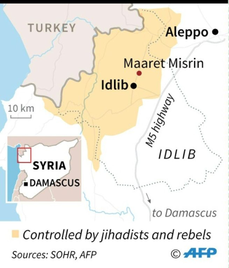 Map of Syria's Idlib province locating Russian attack that killed civilians near Maaret Misrin