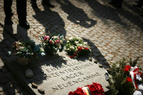 A memorial stone is seen at the former Neuengamme concentration camp in Hamburg, Germany