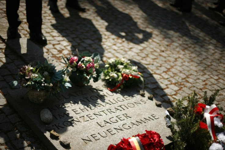 A memorial stone is seen at the former Neuengamme concentration camp in Hamburg, Germany