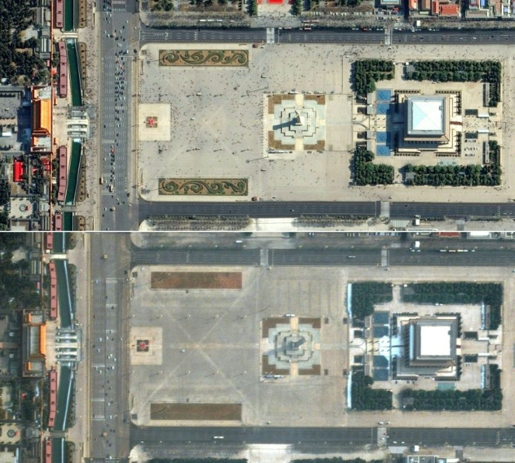 Tiananmen Square on February 21, 2019 (top) and an almost empty square on February 11, 2020, during the novel coronavirus outbreak