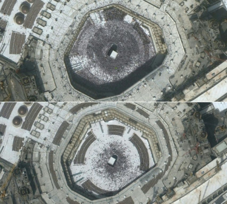 Crowds at Mecca's Grand Mosque and the Kaaba on February 14, 2020 (top) and a much smaller group of visitors on March 3, 2020