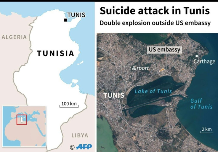 Map of central Tunis locating double explosion outside US embassy