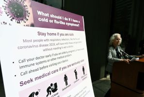 Los Angeles County Public Health director Barbara Ferrer speaks at a press conference in Los Angeles, California