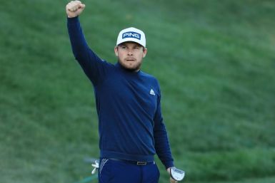 Britain's Tyrrell Hatton reacts to a 31-foot birdie putt at the 18th hole Saturday that gave him a two-stroke lead after the third round of the US PGA Arnold Palmer Invitational