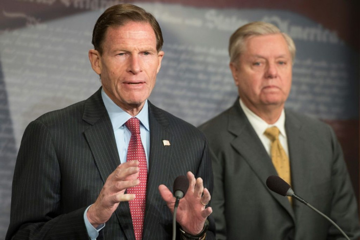 Republican US Senator Lindsey Graham (R) and Democratic Senator Richard Blumenthal (L) are sponsoring a bill that would force tech firms to do more to help fight child exploitation, which critics say would erode digital rights