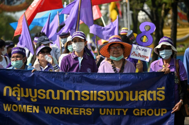 Around 350 women marched in Bangkok calling for greater labour protections amid the coronavirus outbreak