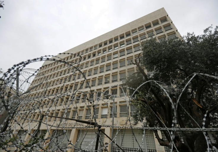 Barbed wire blocks Lebanon's central bank building in the capital Beirut