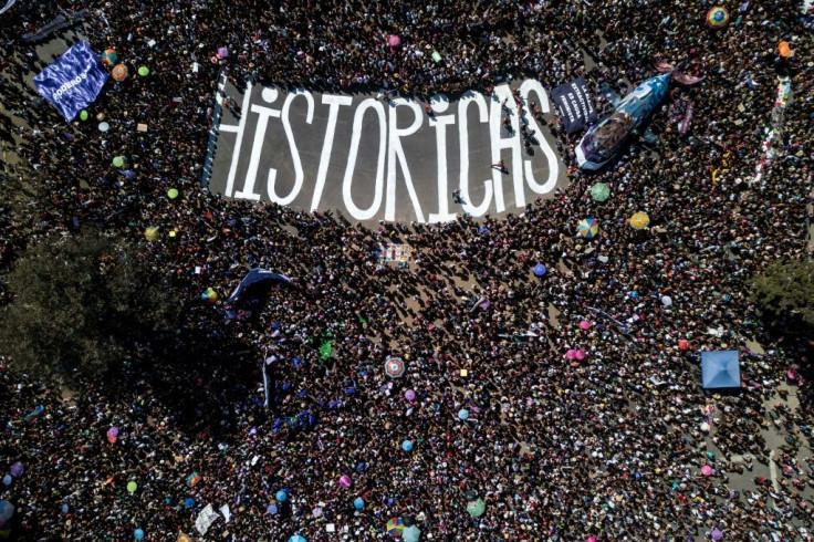 Aerial view showing the march on International Women's Day in Santiago, Chile