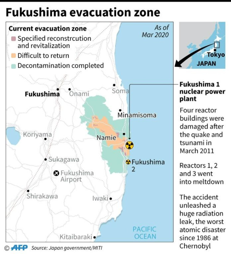 Map showing evacuation zone around the Fukushima nuclear plant in Japan since the 2011 tsunami and nuclear accident.