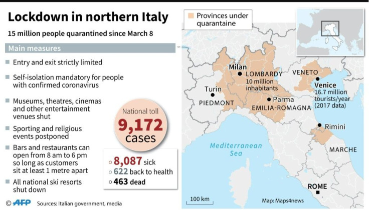 Regions of northern Italy under quarantine and main measures taken to stem coronavirus spread