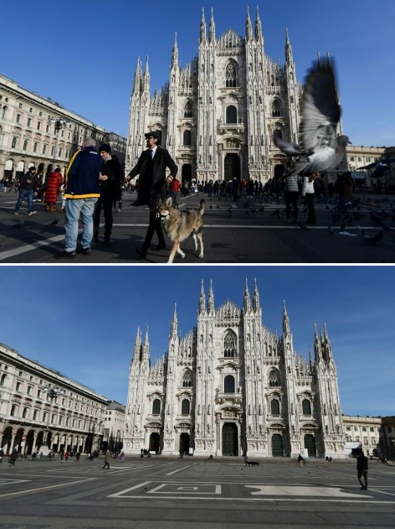Combo of the Piazza del Duomo and the cathedral in Milan on February 3 (Top) and March 10 before and after restrictions were imposed to halt the spread of the COVID-19 disease