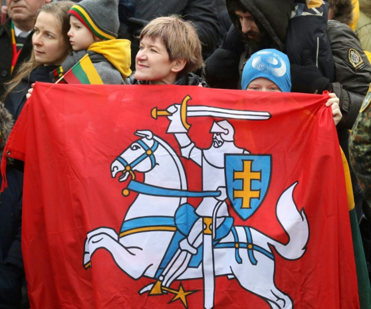 Lithuania's coat of arms, also known as Vytis, was on display as the marked the 30th anniversary of its independence from the Soviet Union