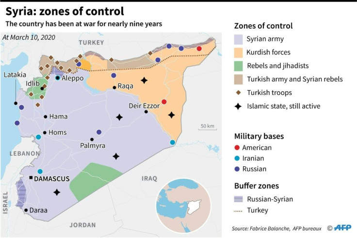 Map of Syria showing zones of control by the different partipants in the nearly nine-year long conflict