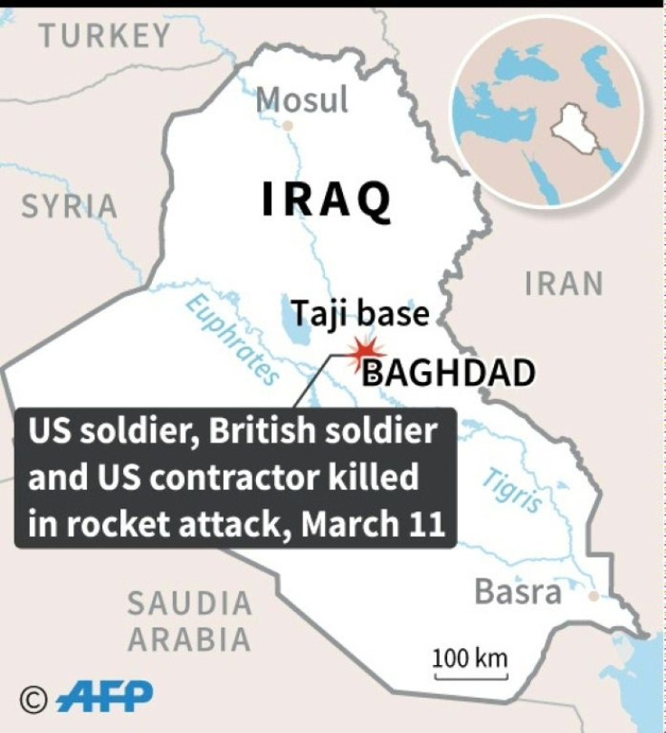 Map locating the army base at Taji in Iraq where two Americans and one British national were killed in a rocket attack on Wednesday