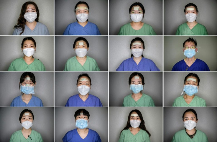 The pads, plasters and tape protect the nurses' faces from painful sores that can develop as they tend to coronavirus patients for hours on end