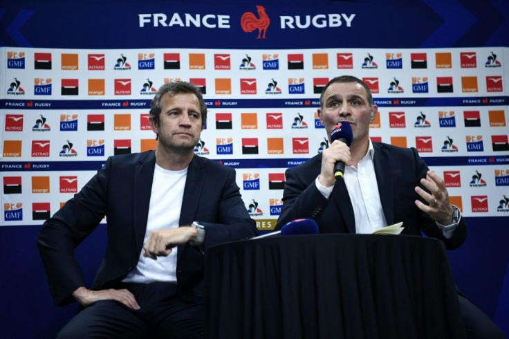 France's head coach Fabien Galthie (L) and team manager Raphael Ibanez give a press conference after the announcement of the postponement of the Six Nations match between France and Ireland