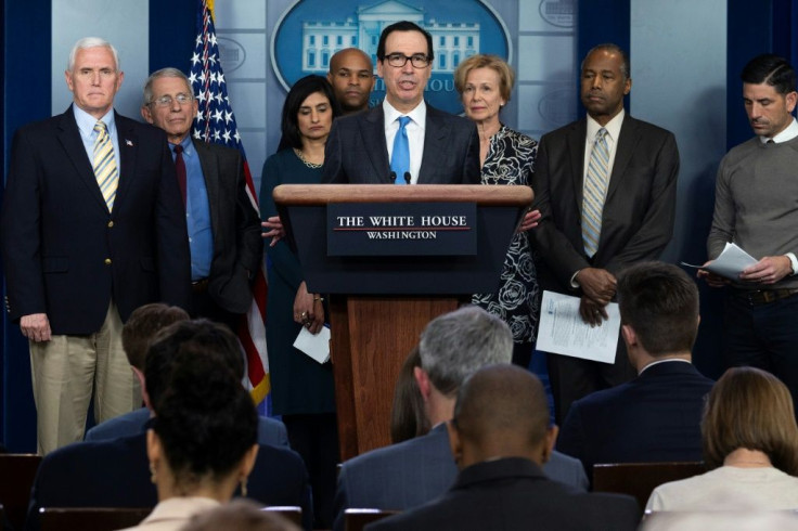 US Treasury Secretary Steve Mnuchin speaking during a White House press briefing about the coronavirus on March 14, 2020; he expects an economic slowdown but no recession