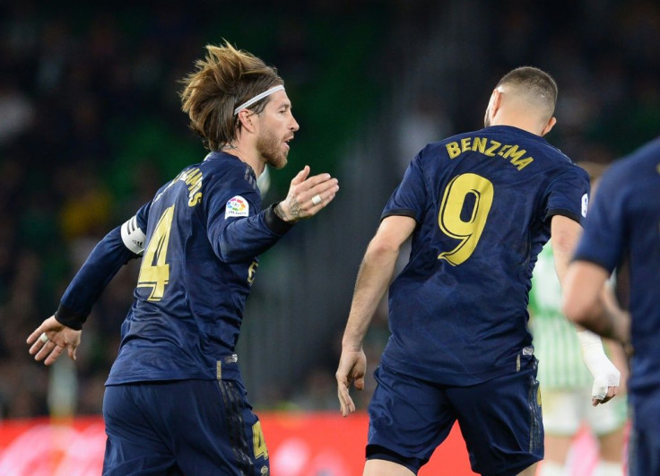 Sergio Ramos (left) took to a treadmill while it was the garden with his dog for his Real Madrid teammate Benzema