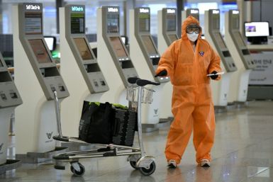 A passenger at Incheon airport near Seoul in South Korea comes prepared for COVID-19