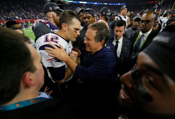 New England Patriots quarterback Tom Brady and head coach Bill Belichick celebrate after the team's comeback Super Bowl victory over Atlanta in 2017