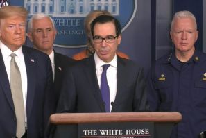 SOUNDBITE The White House will present its massive stimulus plan to Congress for rapid approval, and favors sending direct payments to all Americans right away, Treasury Secretary Steven Mnuchin says.