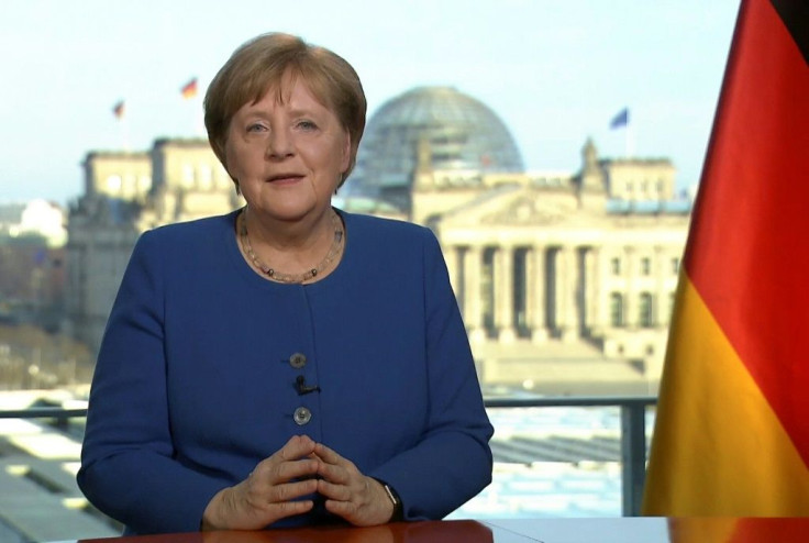 This videograb taken from German TV channel ARD on March 18, 2020 shows German Chancellor Angela Merkel addressing the nation on the spread of the new coronavirus COVID-19