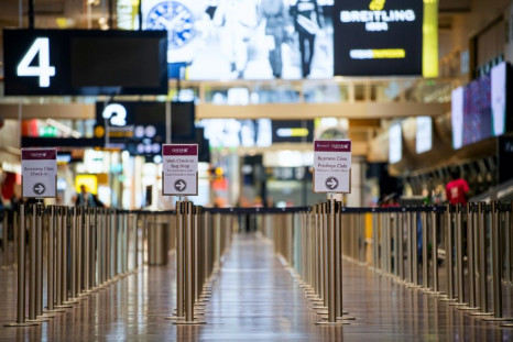Empty check-in counters are seen at the international terminal of Arlanda airport in Sweden
