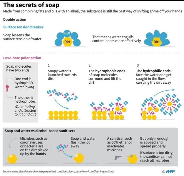 Graphic on the mechanics of washing with soap and water.