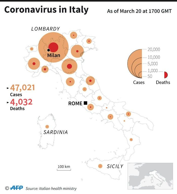 Cumulative coronavirus infections in Italy per region, as of March 20