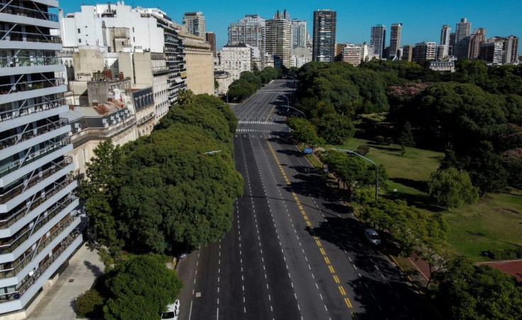 Aerial view of the empty Libertador avenue in Buenos Aires, on March 20, 2020 -- the city has recorded about 70 percent of Argentina's coronavirus cases