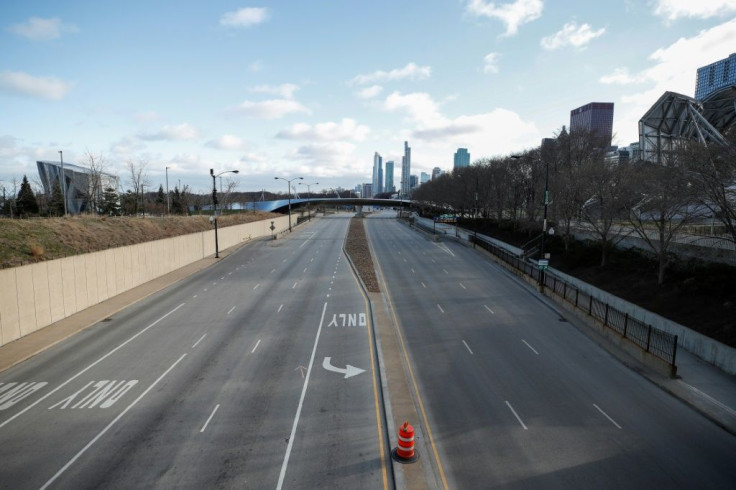 Columbus Drive is seen empty in downtown Chicago, Illinois, on March 21, 2020