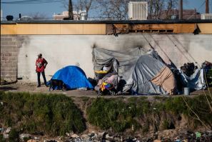 A homeless encampment near a dried up river bed in Stockton, California
