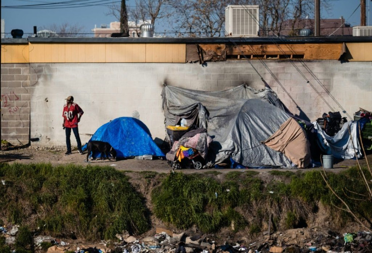 A homeless encampment near a dried up river bed in Stockton, California