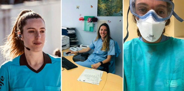 Nurse and semi-professional football referee Iragartze Fernandez officiating a match (L), at a hospital desk (C) and at a hospital in Bilbao during the COVID-19 coronavirus outbreak.