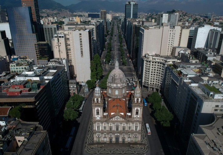 Aerial view of the Candelaria church and the empty Presidente Vargas avenue in downtown Rio de Janeiro, Brazil on March 25, 2020, during the outbreak of the new coronavirus