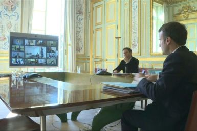 French President Emmanuel Macron takes part in a videoconference with European leaders to try to find a common response to the coronavirus crisis