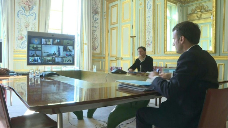 French President Emmanuel Macron takes part in a videoconference with European leaders to try to find a common response to the coronavirus crisis