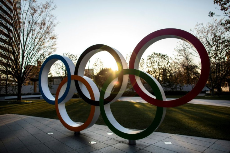 The Olympic rings in front of the Japan National Stadium, the main venue for the postponed Tokyo 2020 Olympic Games