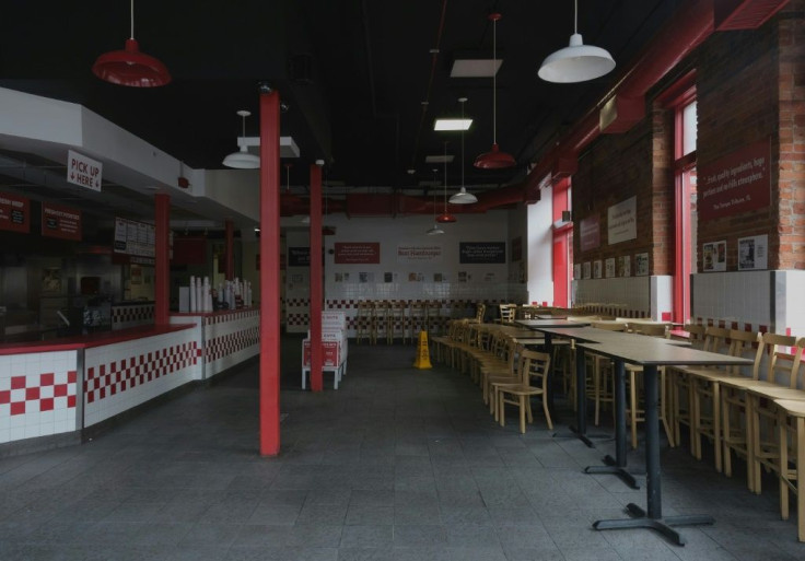 Fast food outlets in the United States are offering takeout, but their sit-down service is mostly over for the time being -- this Five Guys in Detroit is totally closed