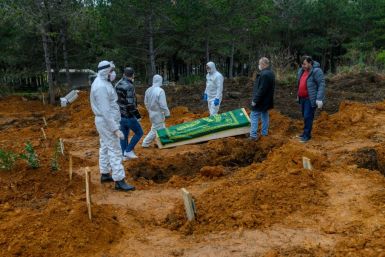 Officers and relatives prepare to bury a person who died from the coronavirus in Istanbul on March 27, at a cemetery opened by the government for victims of the COVID-19 pandemic