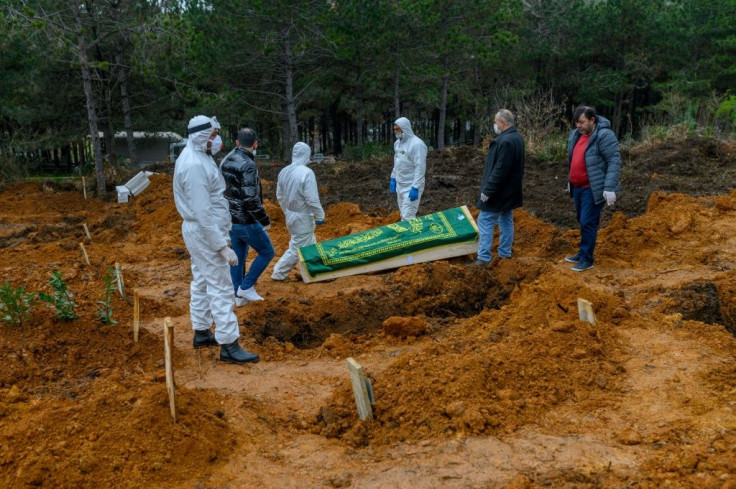 Officers and relatives prepare to bury a person who died from the coronavirus in Istanbul on March 27, at a cemetery opened by the government for victims of the COVID-19 pandemic