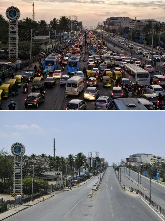 A combination of pictures shows vehicles moving slowly on a road in Bangalore on February 5, 2020, and the same road deserted because of coronavirus restrictions